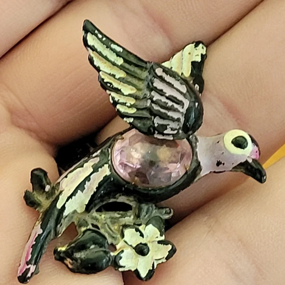 Vintage 1940s Celluloid Jelly Belly Bird Brooch Pink Rhinestone Pin